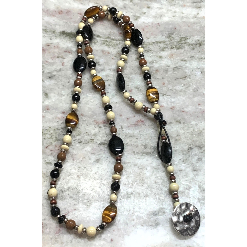 CHAPS SIGNED OVAL TIGER'S EYE ONYX BEAD NECKLACE SILVER BUTTON CLASP R1 - Picture 2 of 7